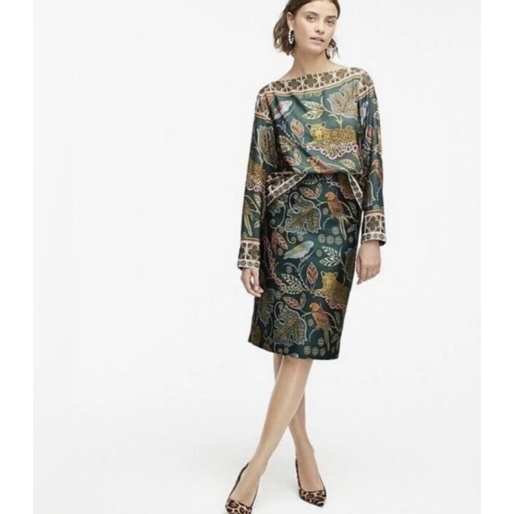 J. Crew Green Jungle Print Pencil Skirt & Top Set Size XS/4 EUC